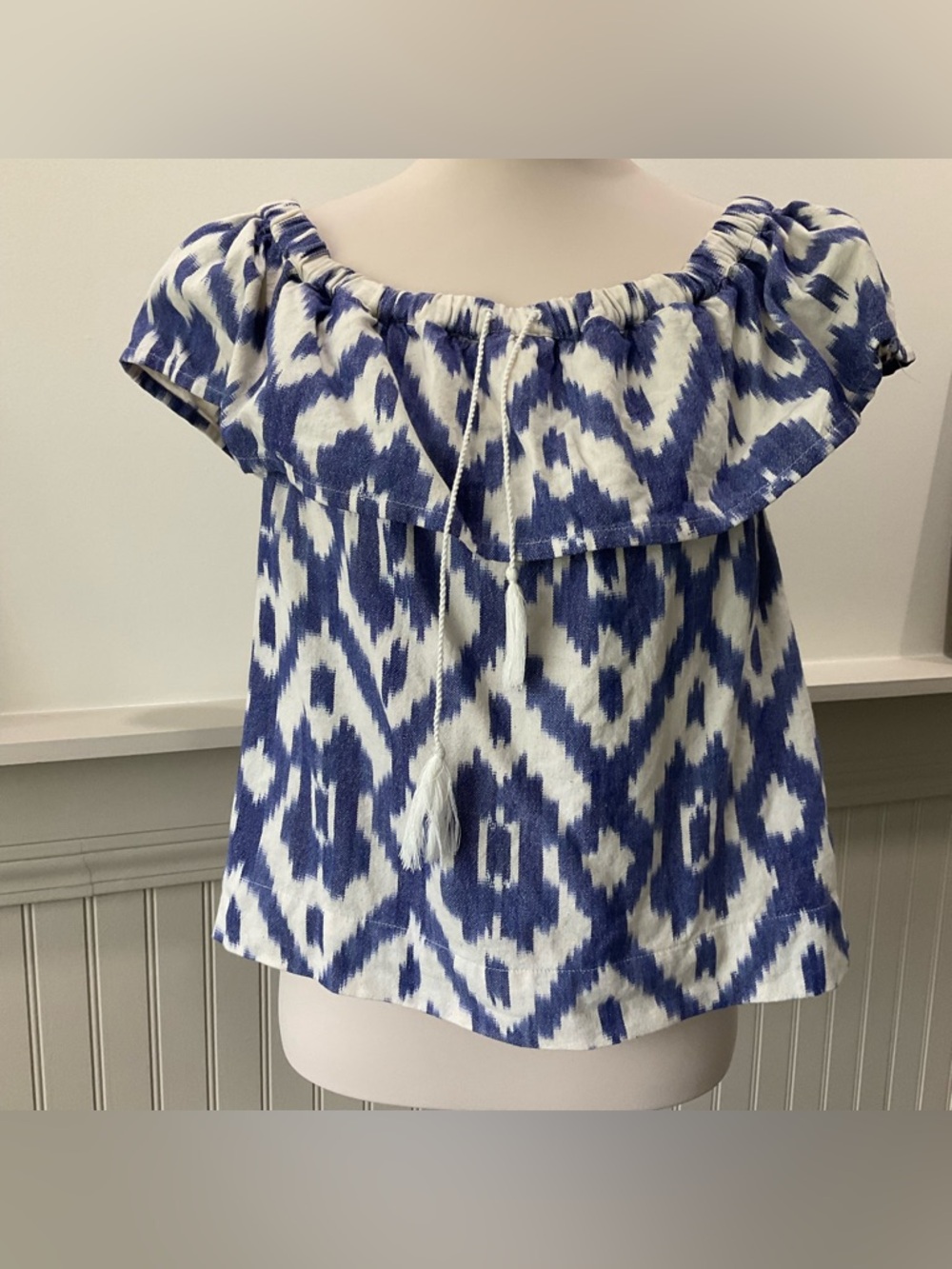 Madewell Off Shoulder Ruffle Top Blue White Ikat Print Cotton Blouse Small